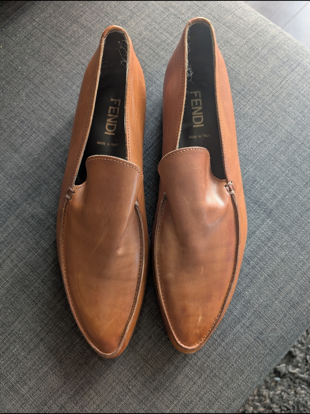 Fendi Men's Vintage Tan Leather Almond Toe Loafers – Made in Italy – Size 8